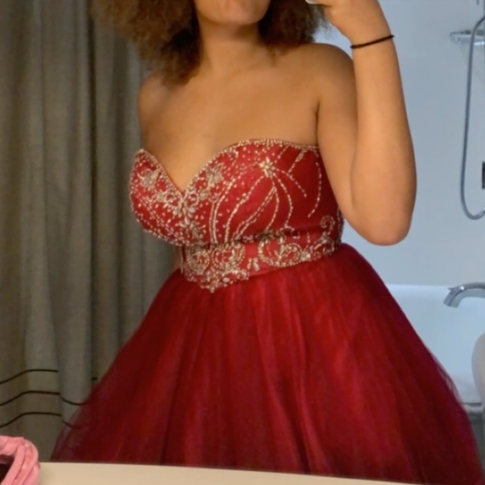 red gem detailed prom dress.